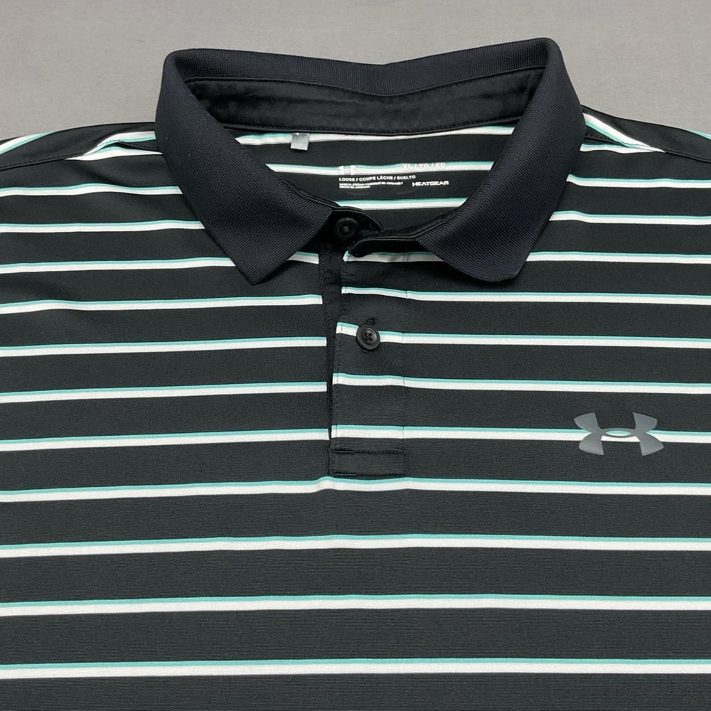 Under Armour Men's Black With White/Blue  Stripes Size XL Polo